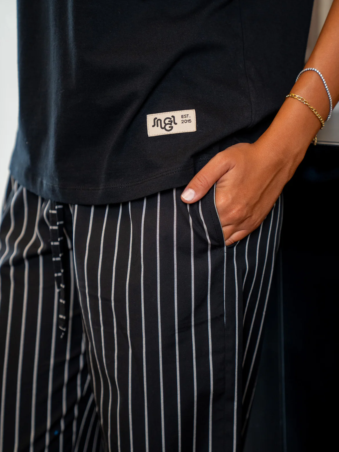 Women summer pajama set Black Tee + Black X White Stripes Pants - Image 2
