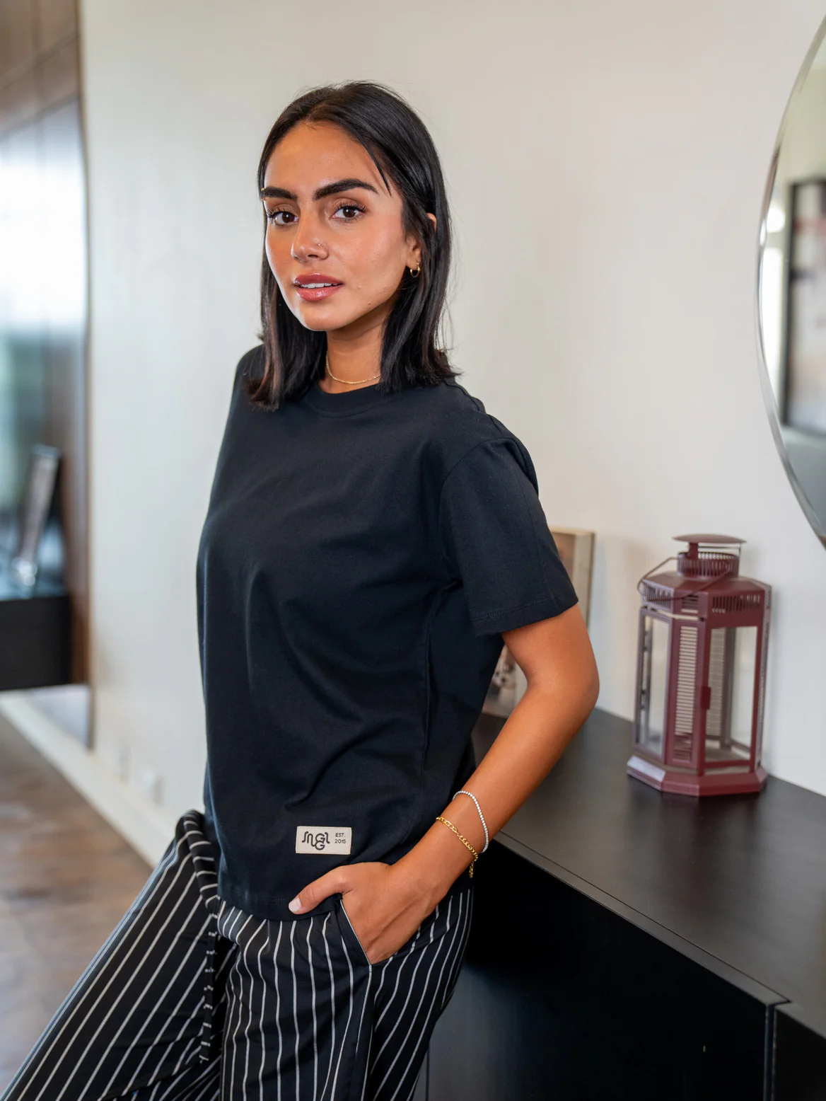 Women summer pajama set Black Tee + Black X White Stripes Pants - Image 3