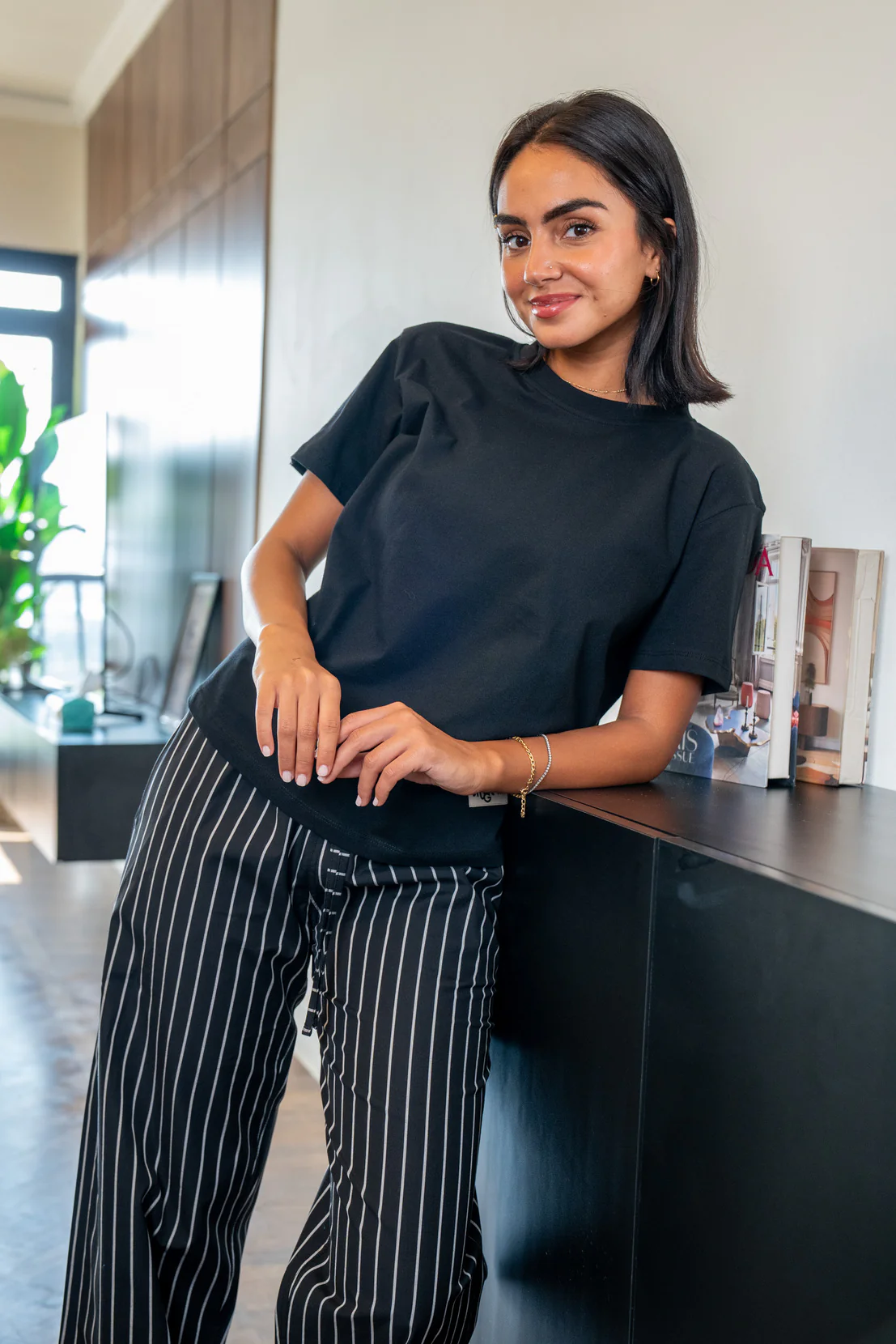 Women summer pajama set Black Tee + Black X White Stripes Pants - Image 4