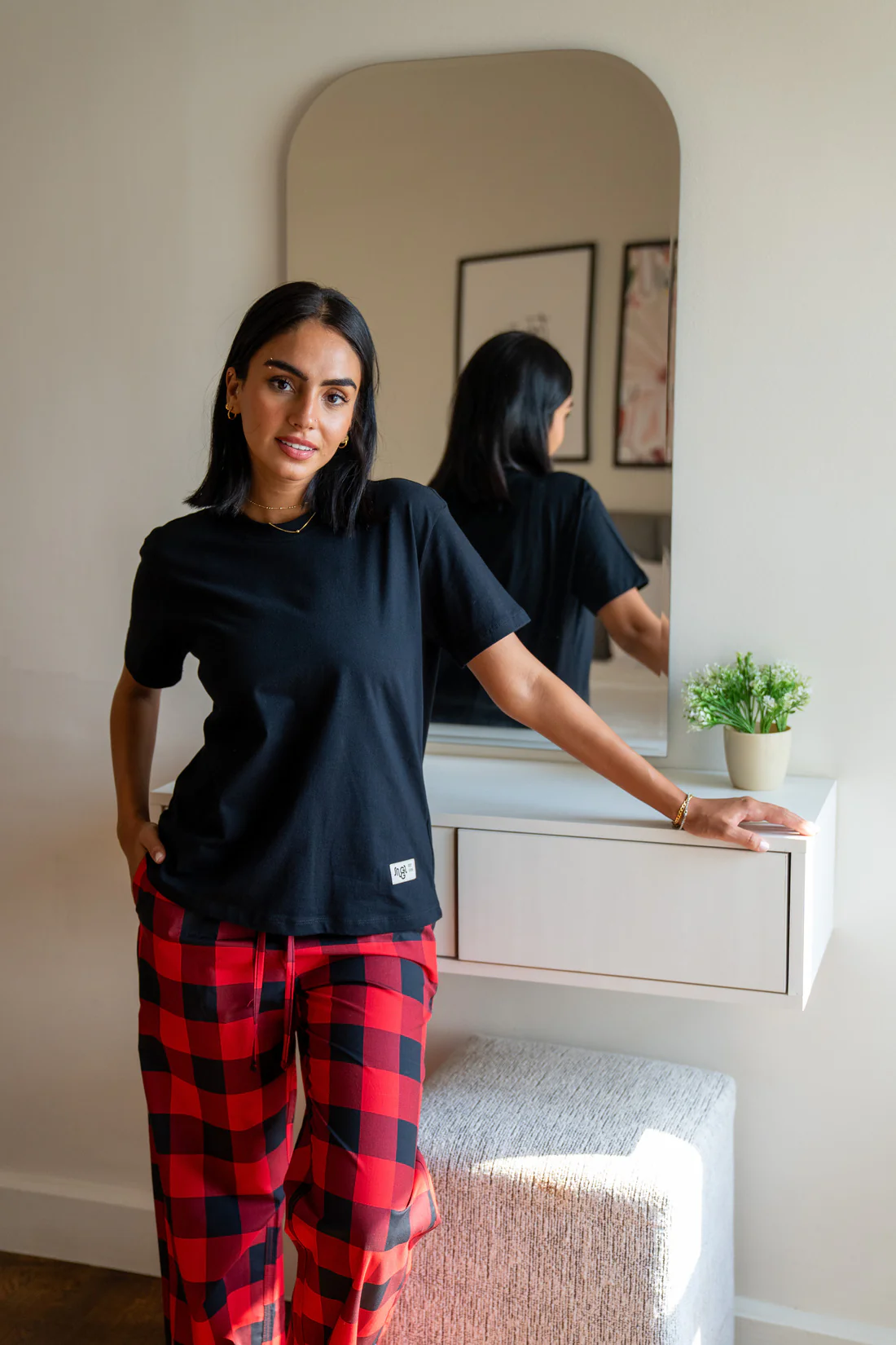 Women summer pajama set Black Tee + Red X Black Checkered Pants - Image 2