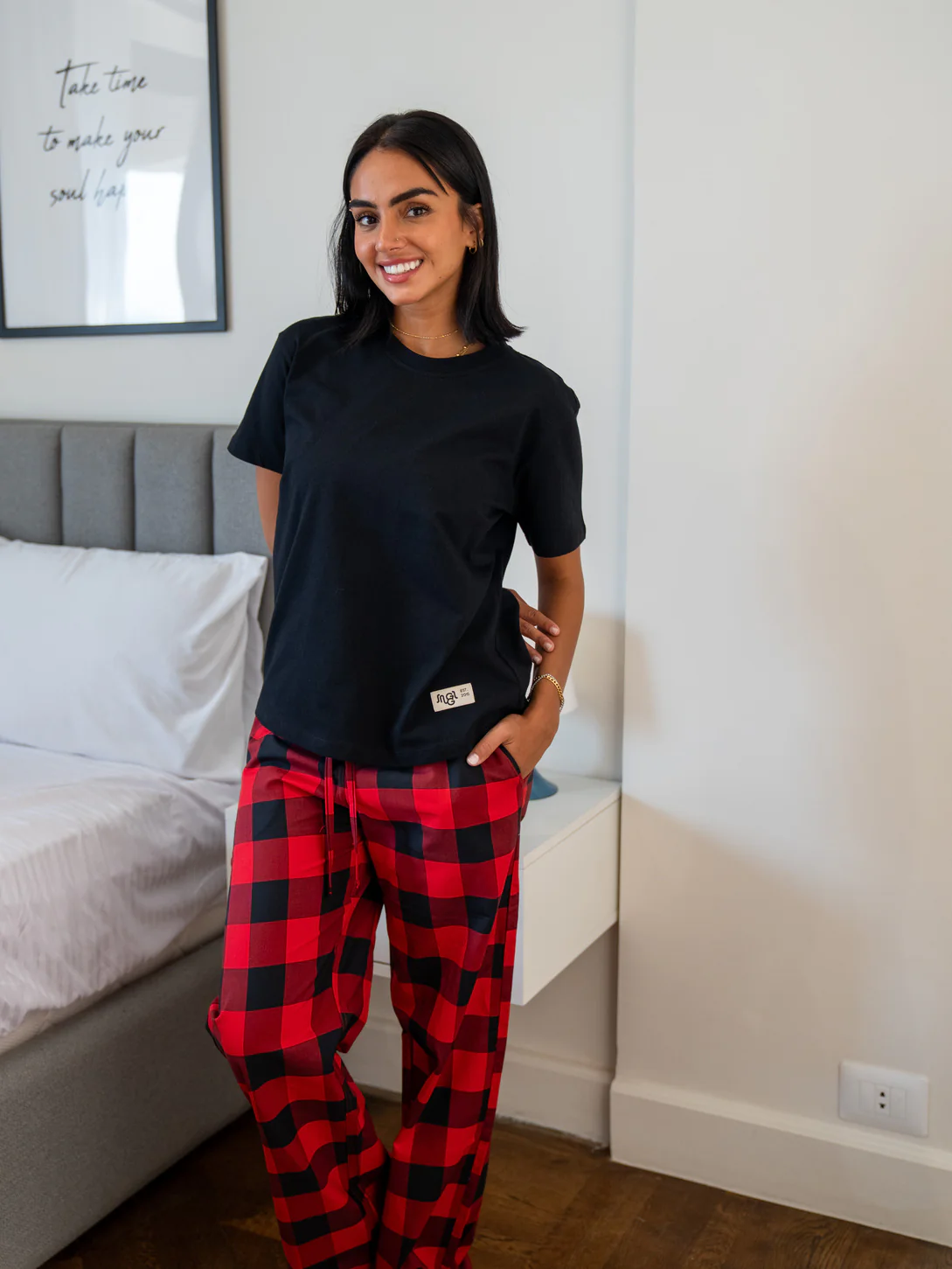 Women summer pajama set Black Tee + Red X Black Checkered Pants - Image 3