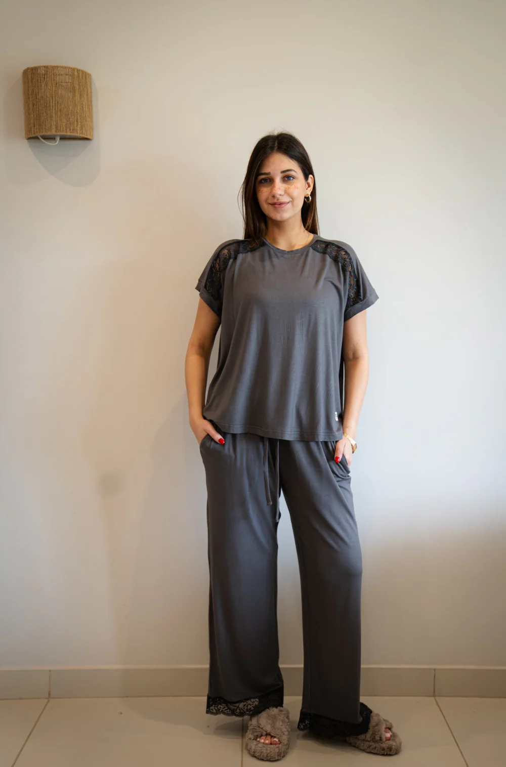 Women summer pajama set Dark Grey Lace shirt + Pants - Image 2
