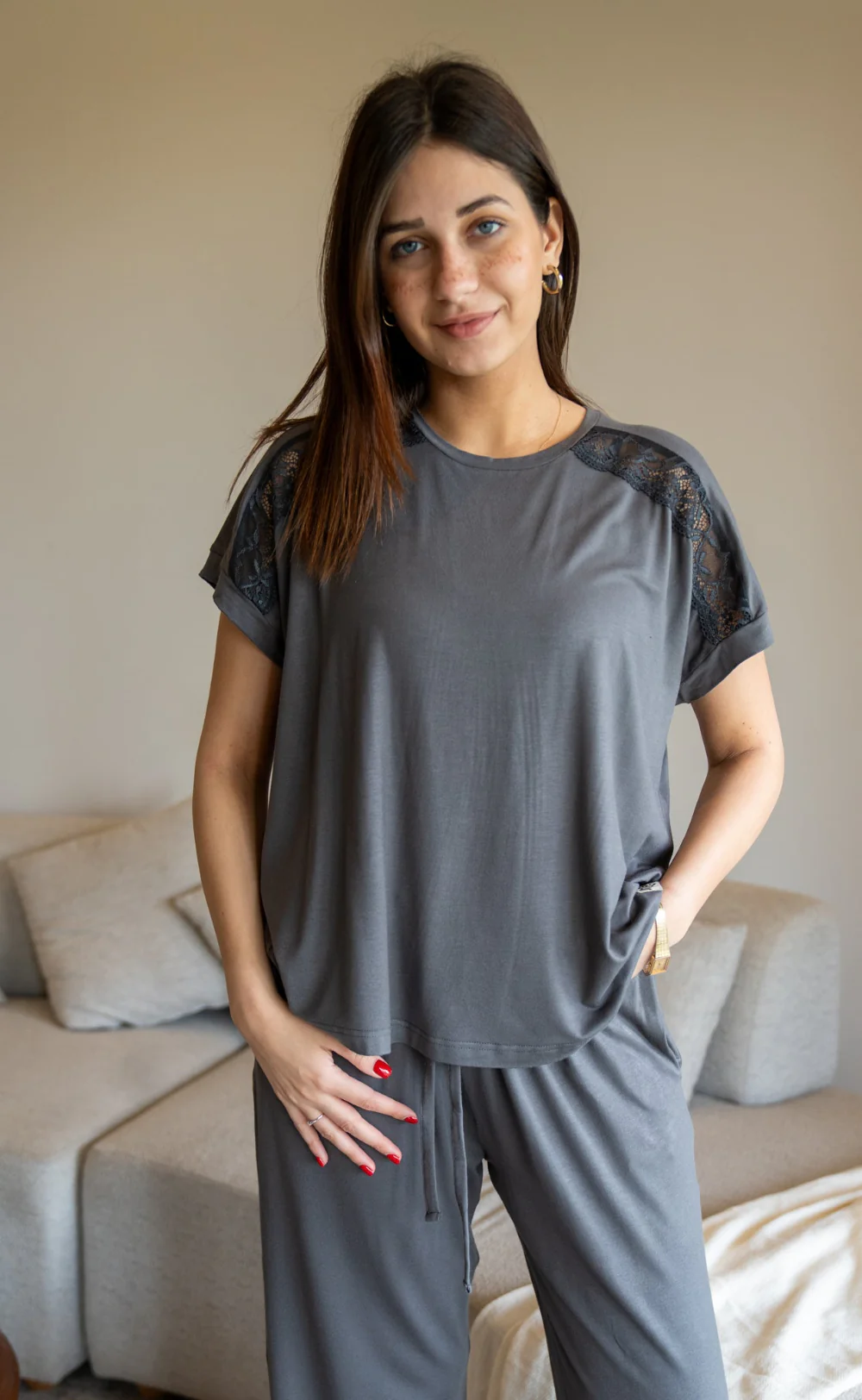 Women summer pajama set Dark Grey Lace shirt + Pants - Image 3