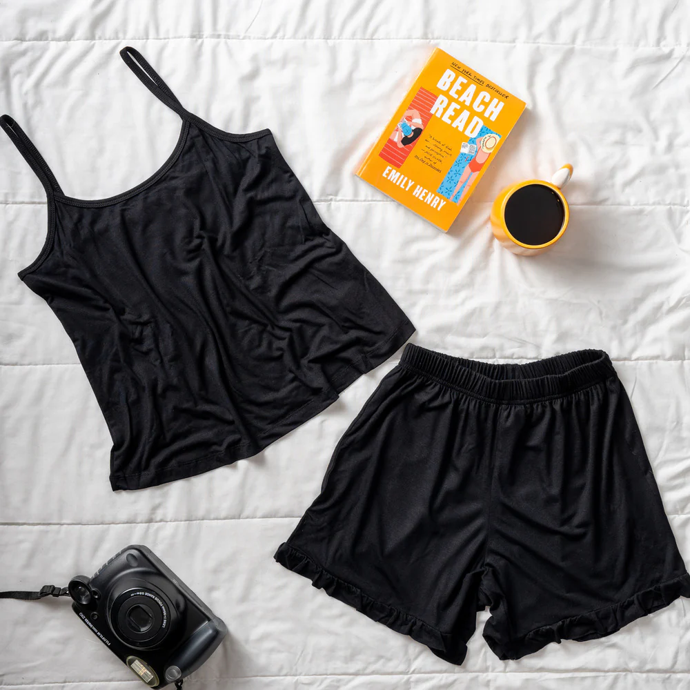Women summer pajama set Black top + Black ruffles shorts - Image 2