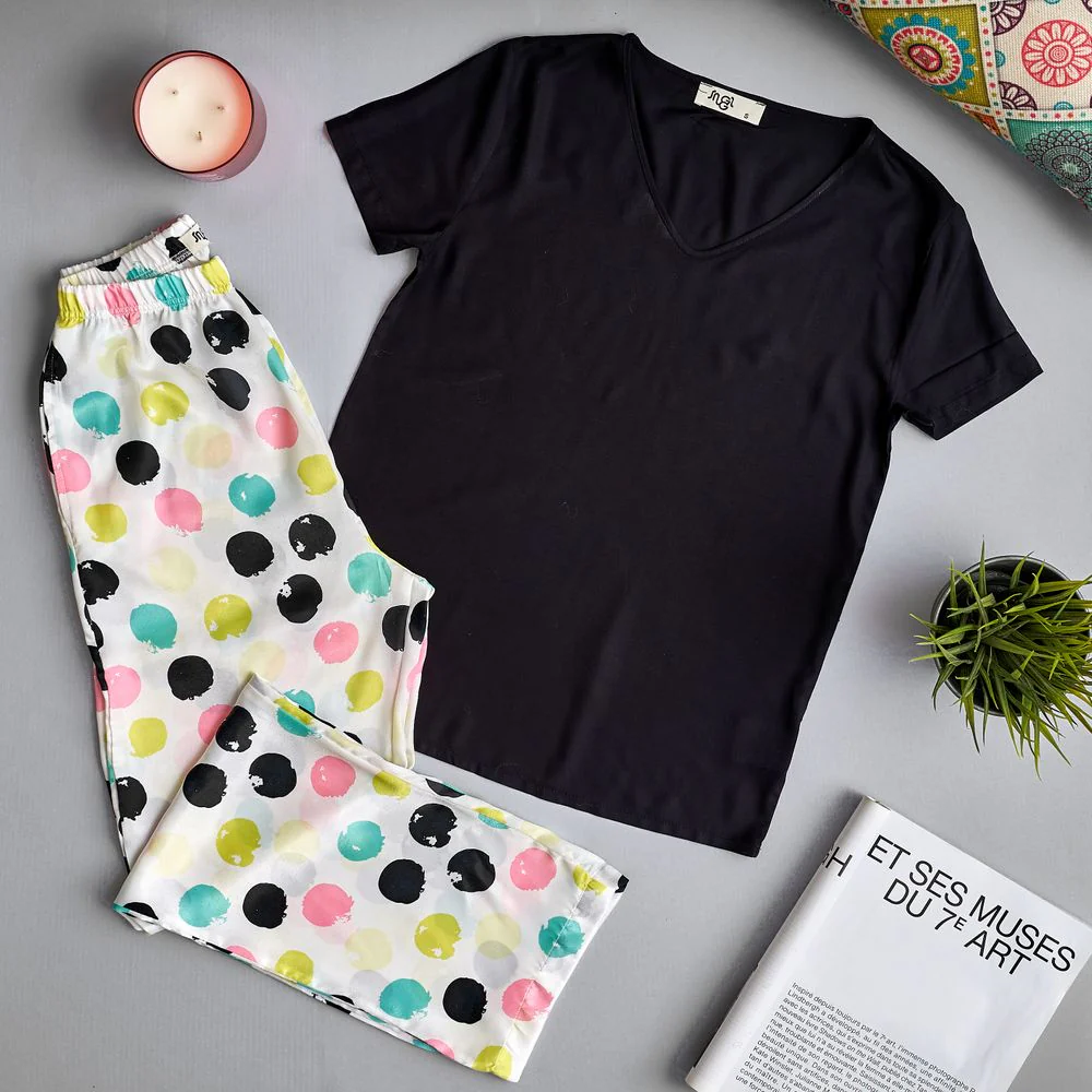 Women summer pajama set Black top + Colorful dots Pants - Image 2
