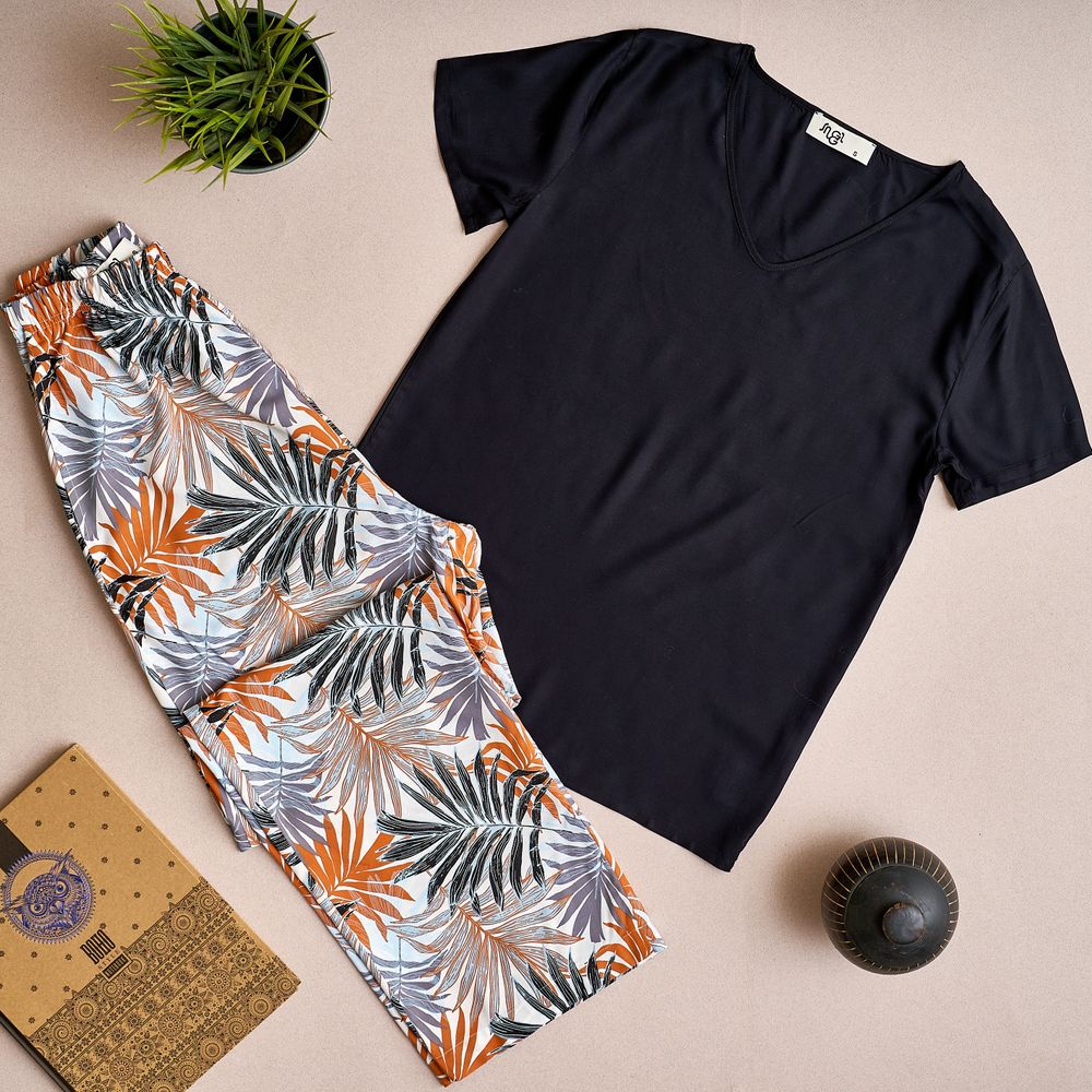 Women summer pajama set Black top + Havane leaves pants - Image 2