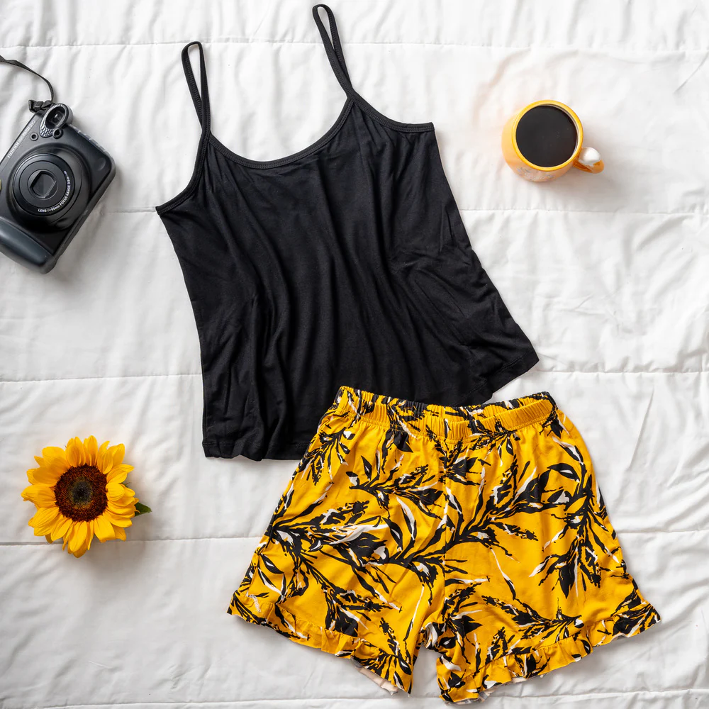 Women summer pajama set Black top +leaves pattern ruffles shorts - Image 2