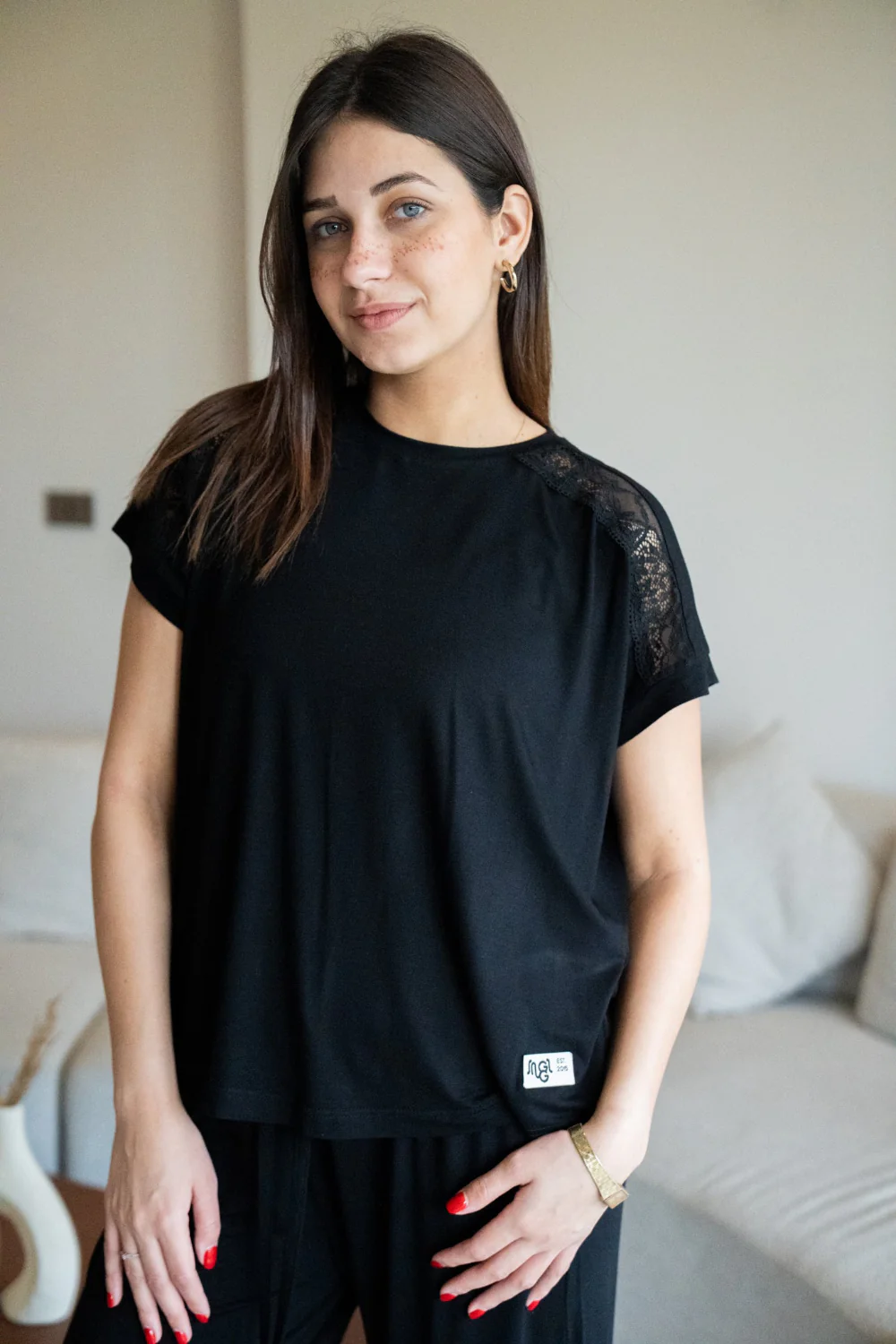 Women summer pajama set Black Lace shirt + Pants - Image 2
