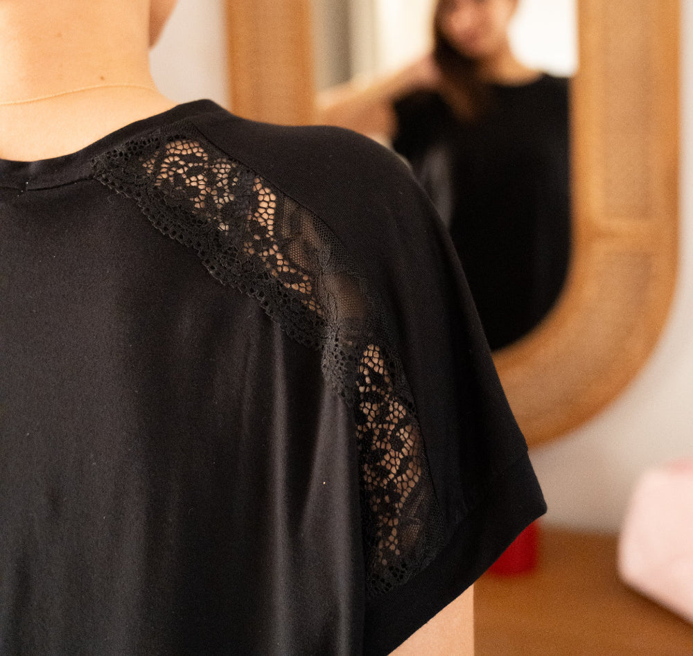 Women summer pajama set Black Lace shirt + Pants - Image 4
