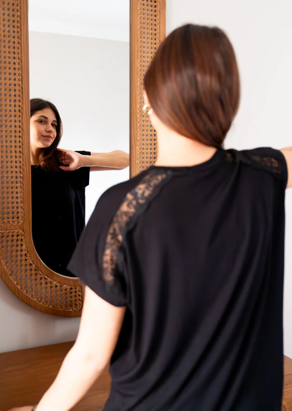 Women summer pajama set Black Lace shirt + Pants - Image 5