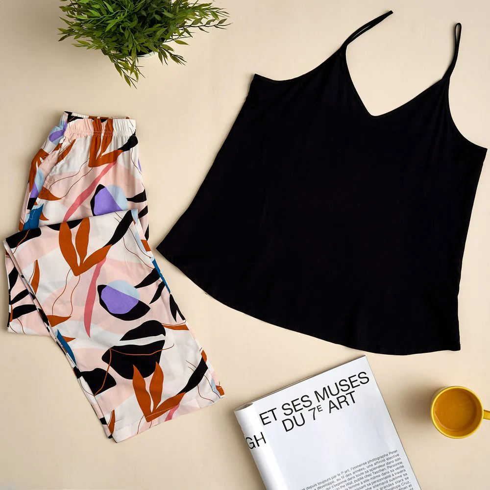 Women summer pajama set  Black Top+ Orange leaves pants - Image 2
