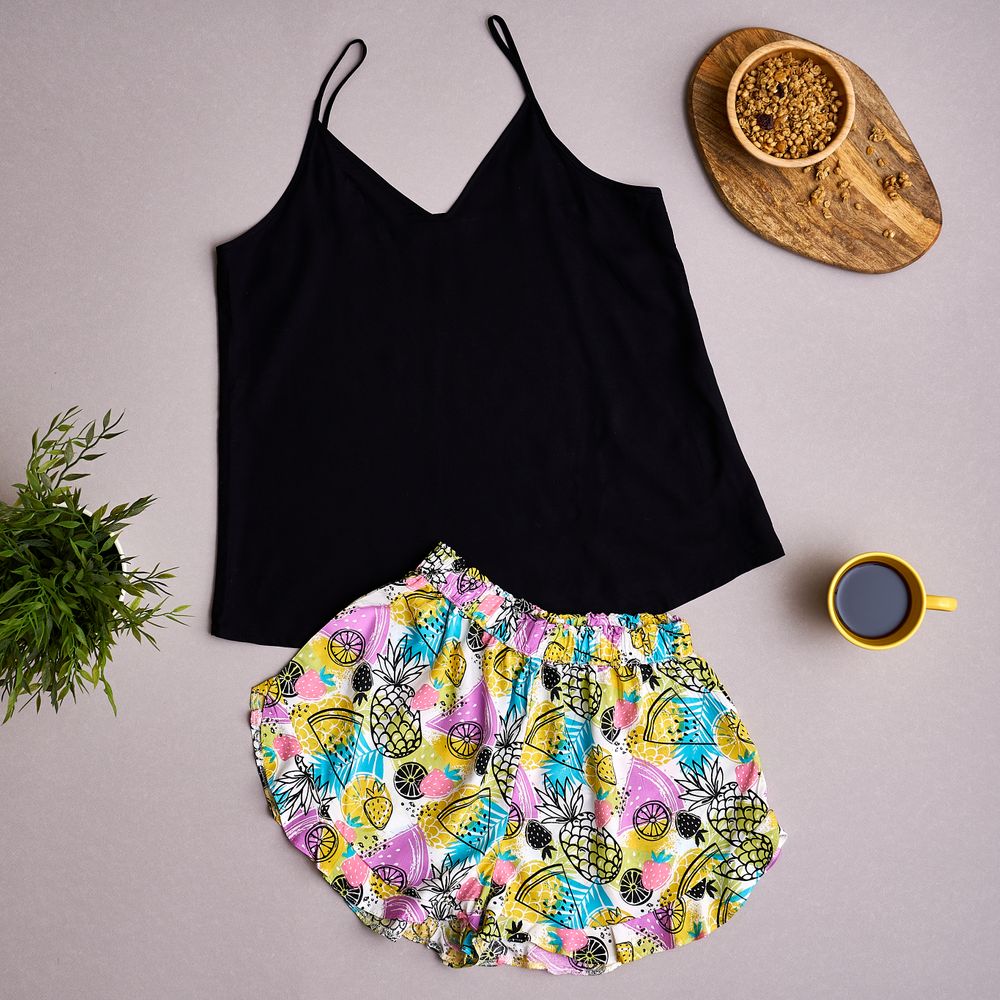 Women summer pajama set Black top + Pineapple ruffles shorts - Image 2