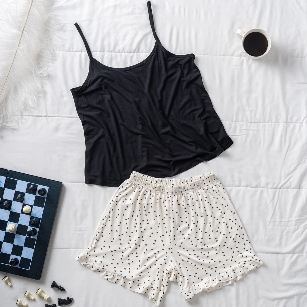Women summer pajama set Black top + Polka Dots ruffles shorts