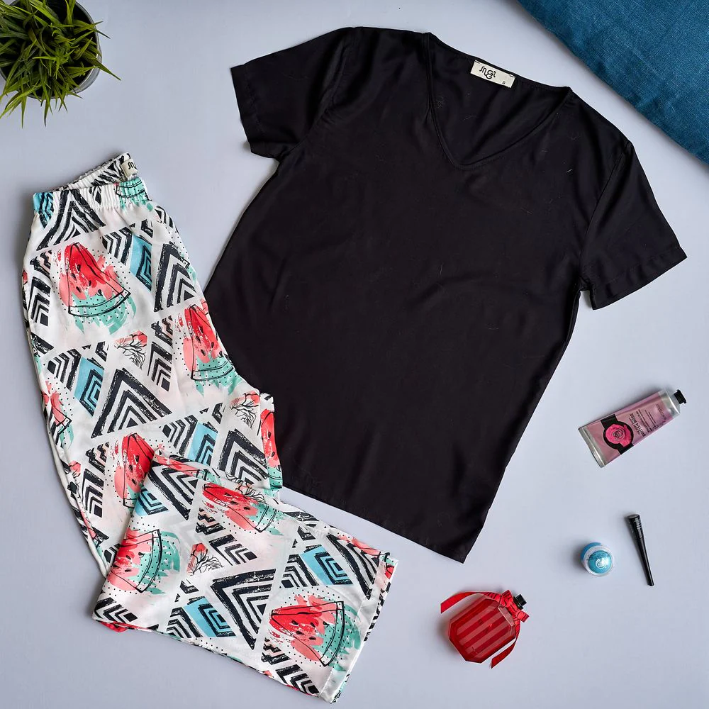 Women summer pajama set Black top + Watermelon Pants - Image 2