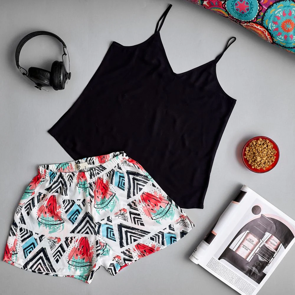 Women summer pajama set Black top + Watermelon shorts - Image 2