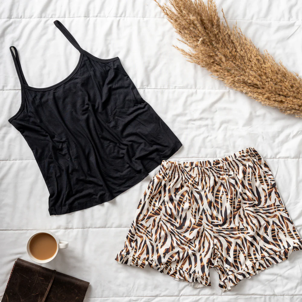 Women summer pajama set Black top +Zebra ruffles shorts - Image 2