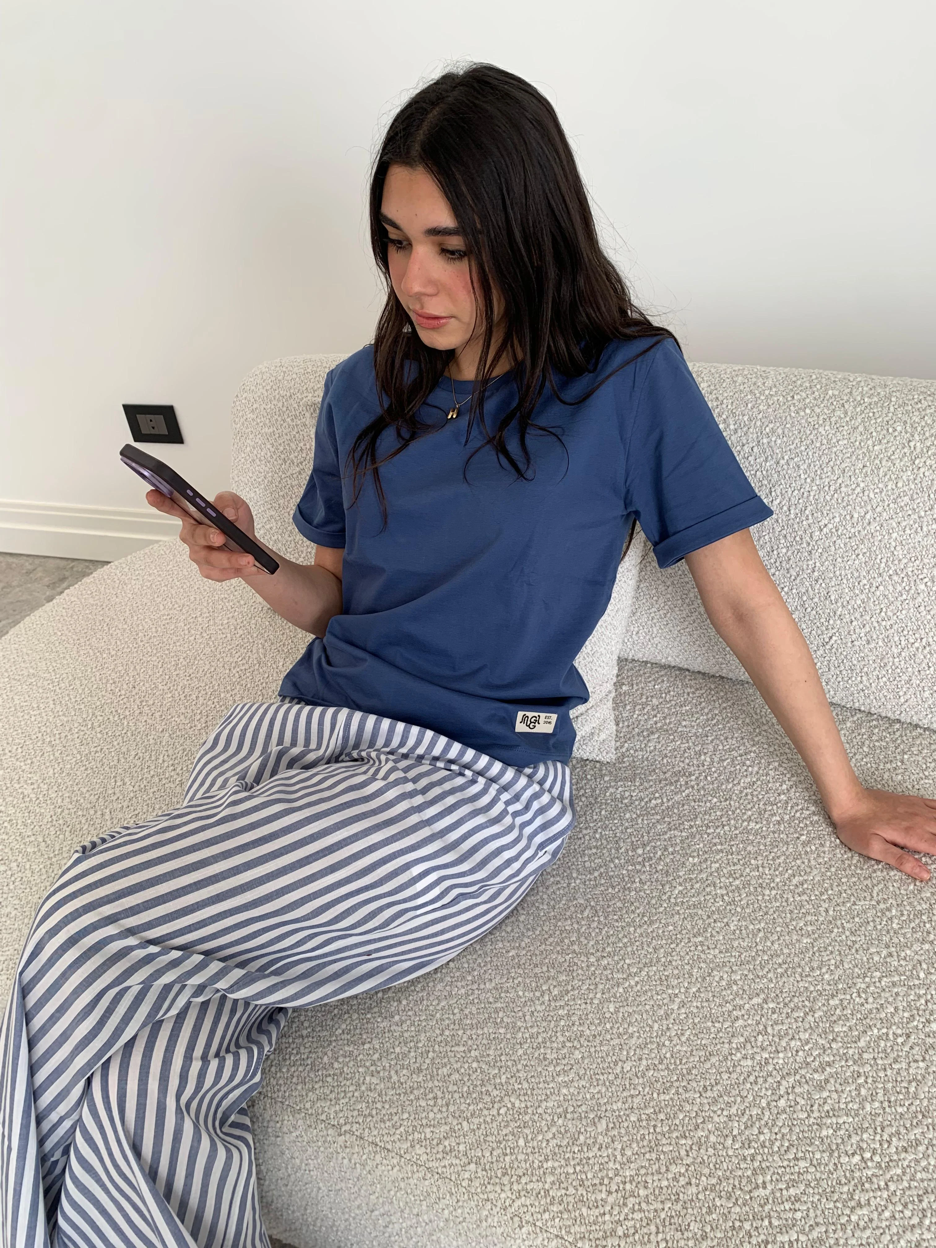 Women summer pajama set Blue Tee + Blue X White Stripes Pants - Image 2