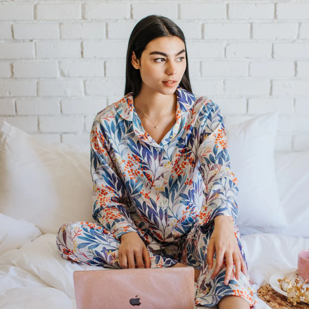 Women Satin summer pajama set Blue x Orange Flower buttoned shirt + Pants - Image 2