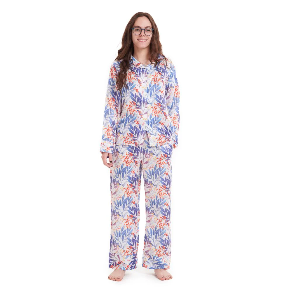 Women Satin summer pajama set Blue x Orange Flower buttoned shirt + Pants - Image 3