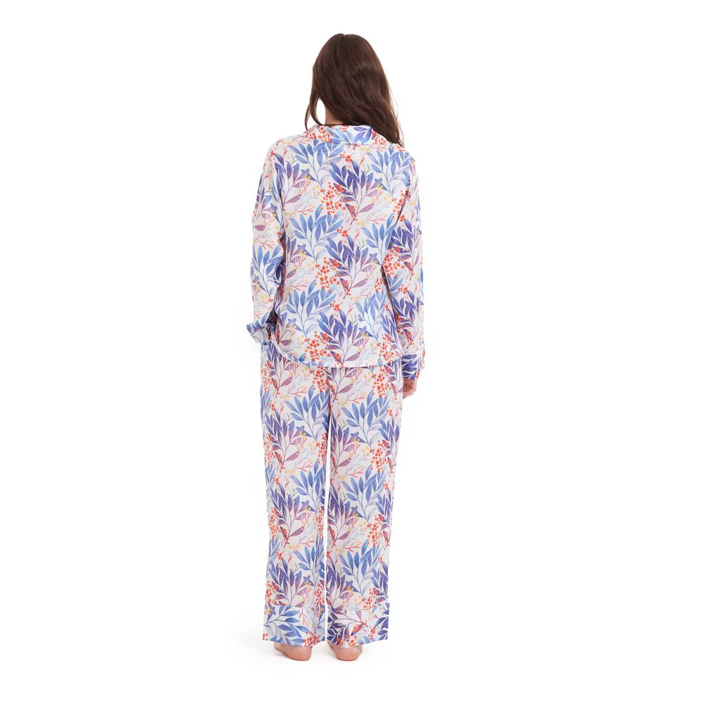 Women Satin summer pajama set Blue x Orange Flower buttoned shirt + Pants - Image 4