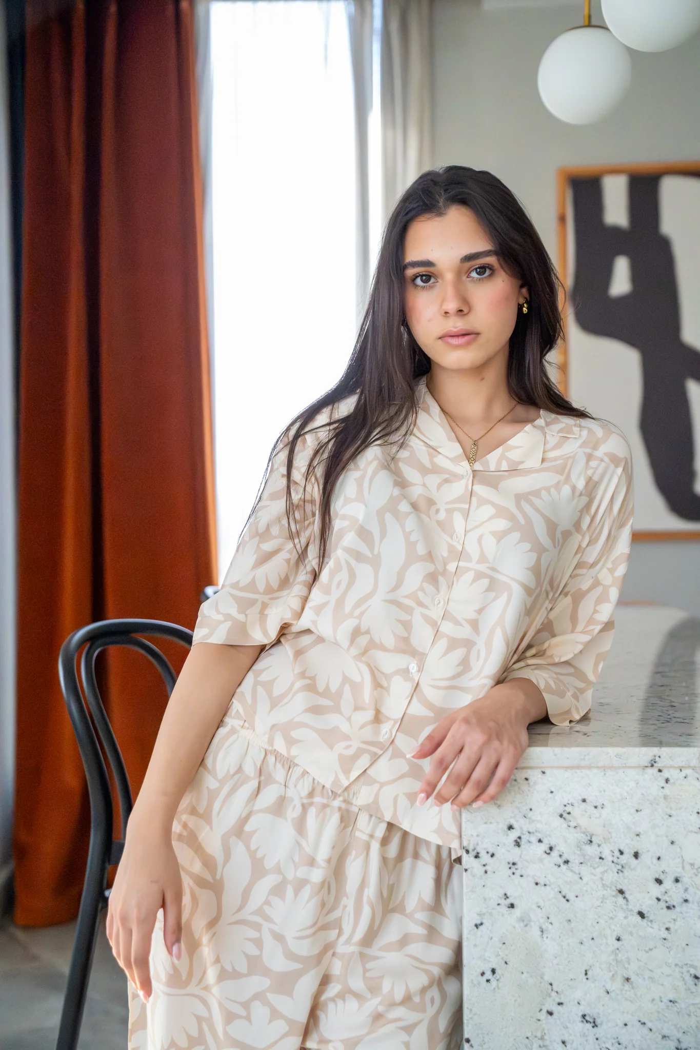 Women Summer Pajama Set Bold Floral Outline buttoned shirt + Pants - Image 2