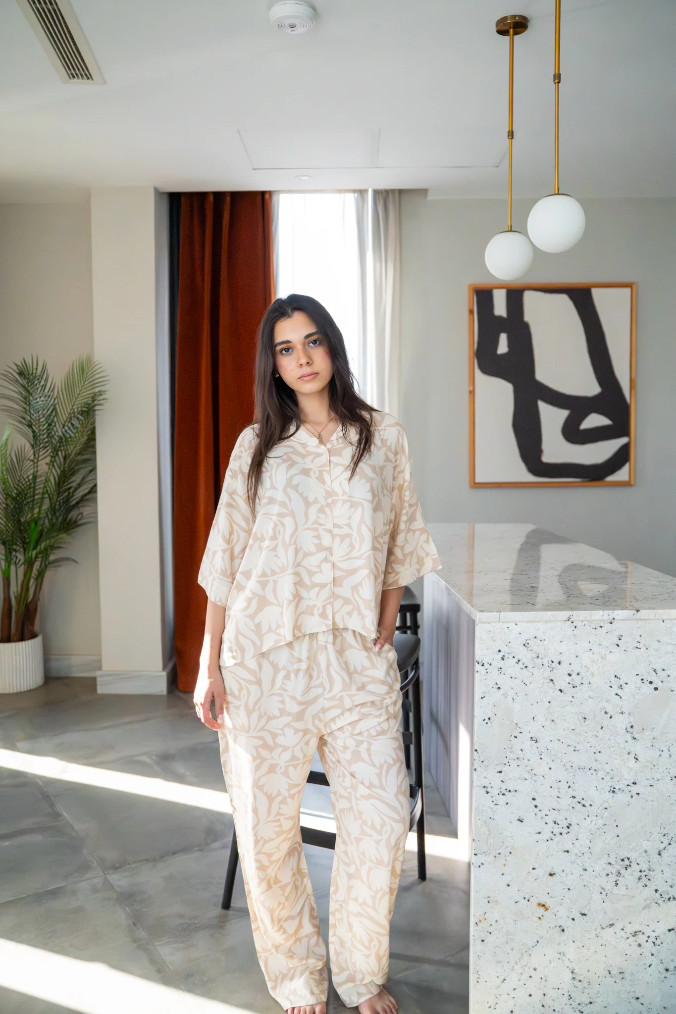 Women Summer Pajama Set Bold Floral Outline buttoned shirt + Pants - Image 3