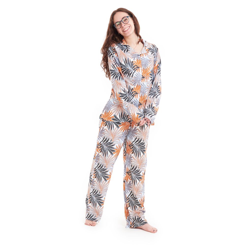 Women summer pajama set Havane leaves buttoned shirt + pants - Image 3