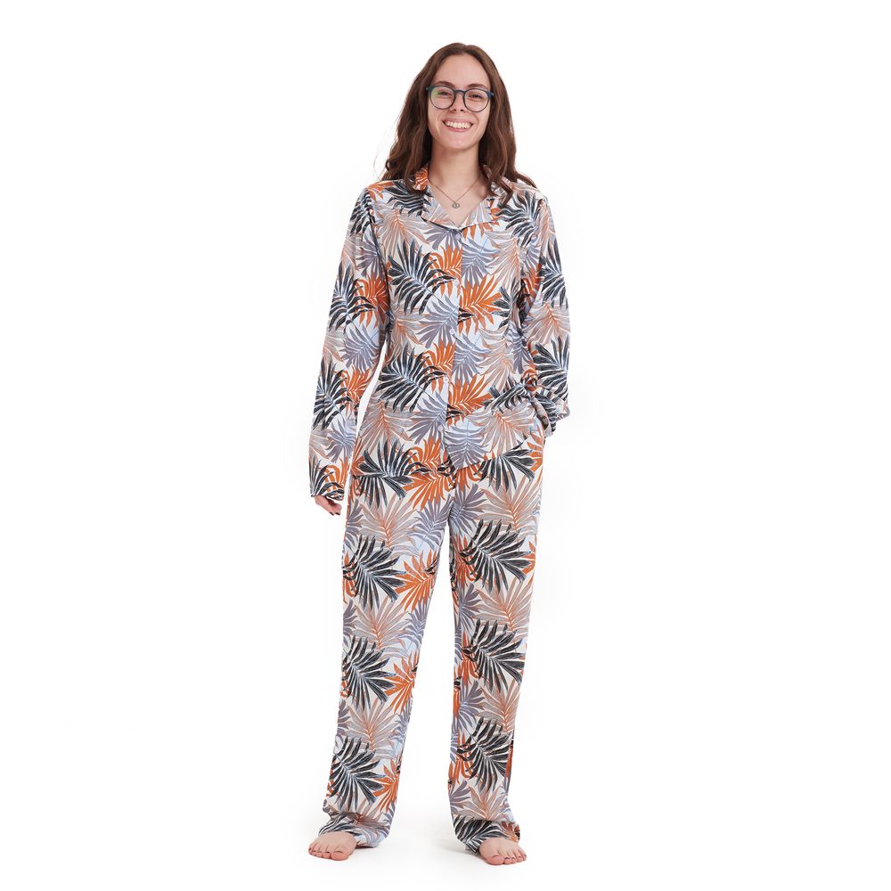 Women summer pajama set Havane leaves buttoned shirt + pants - Image 4