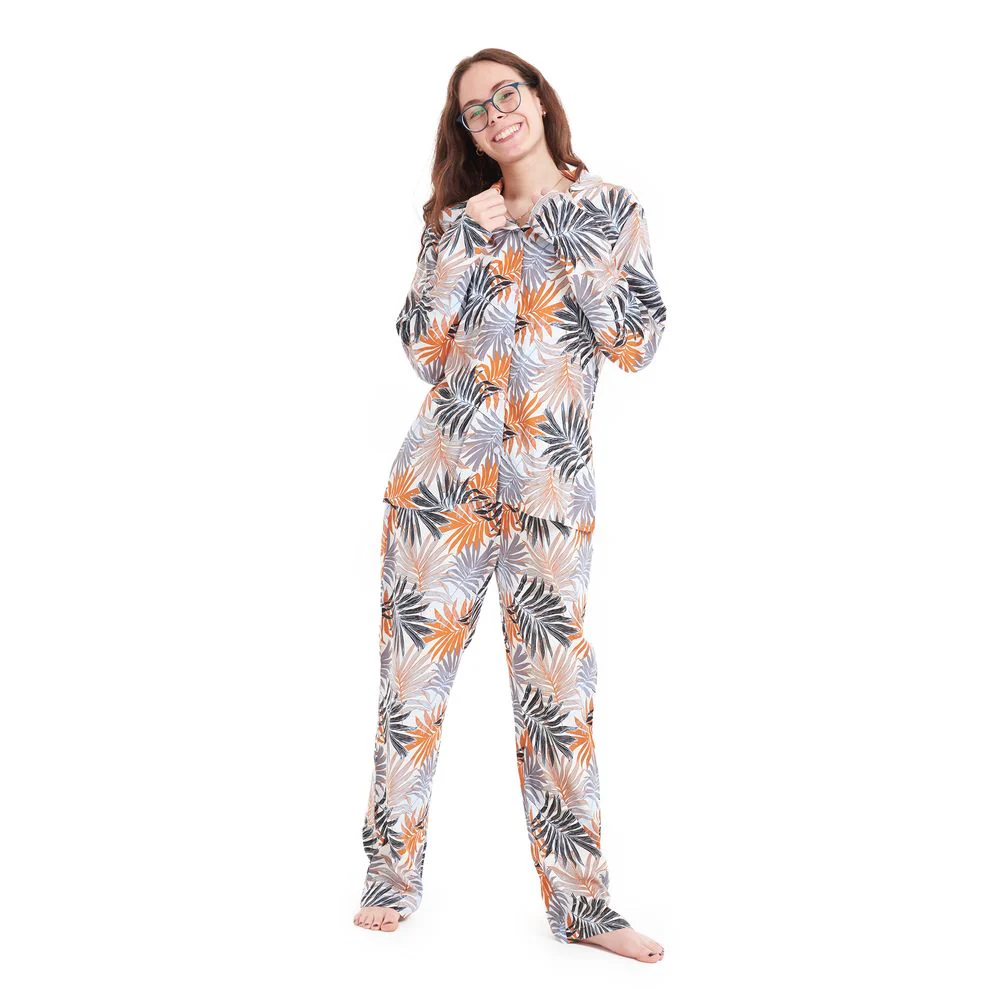 Women summer pajama set Havane leaves buttoned shirt + pants - Image 6