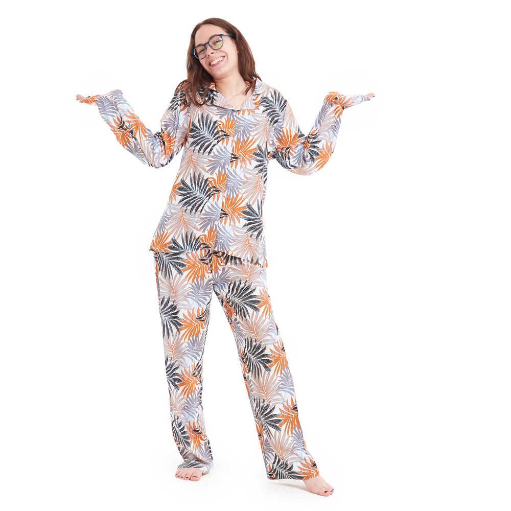 Women summer pajama set Havane leaves buttoned shirt + pants - Image 8