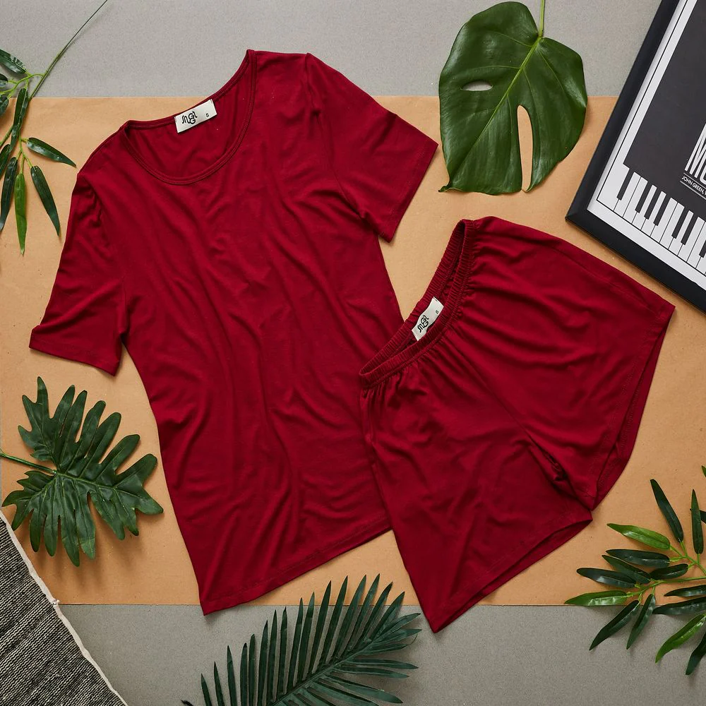 Women summer pajama set Burgundy shirt + shorts - Image 2