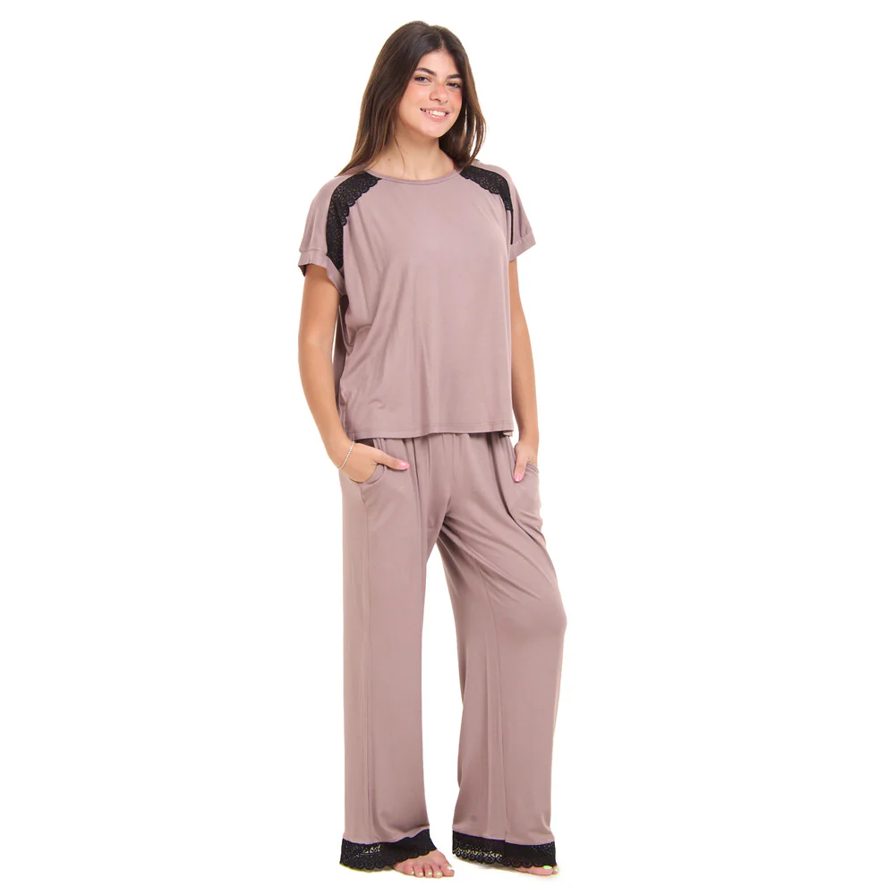 Women summer pajama set Cafe Lace shirt + Pants - Image 2