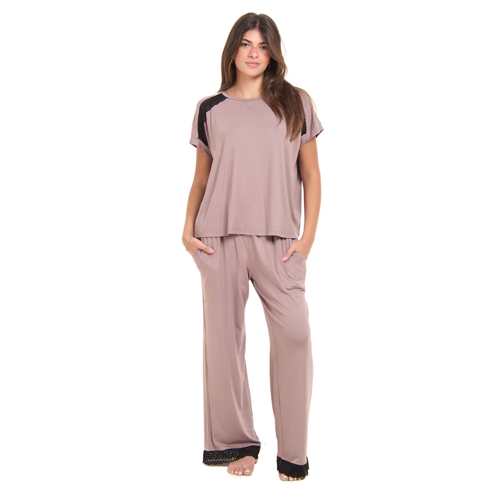 Women summer pajama set Cafe Lace shirt + Pants - Image 3