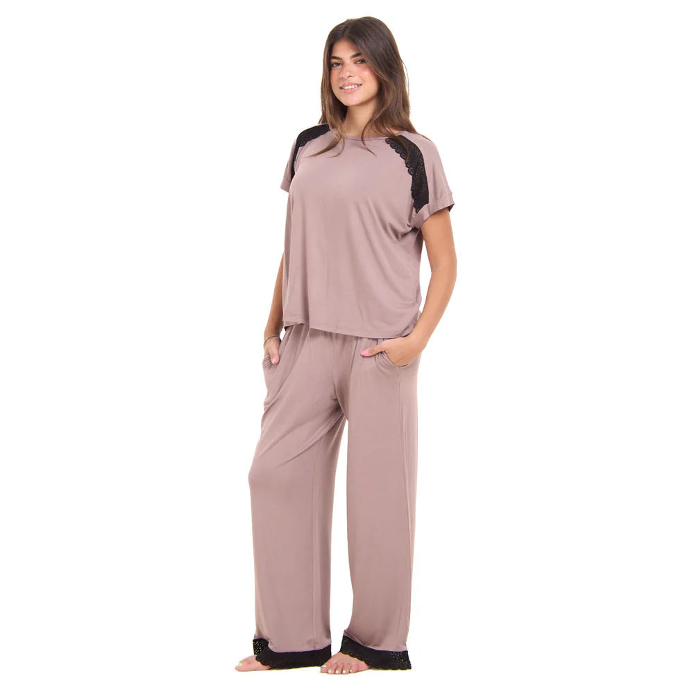 Women summer pajama set Cafe Lace shirt + Pants - Image 4