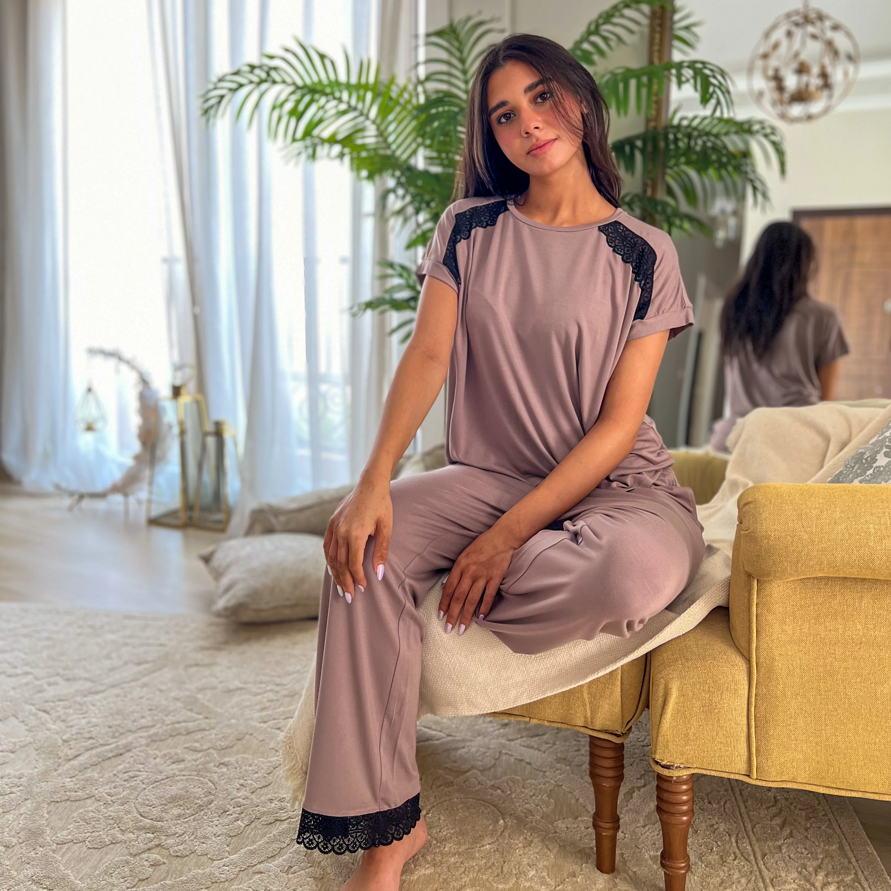 Women summer pajama set Cafe Lace shirt + Pants - Image 6