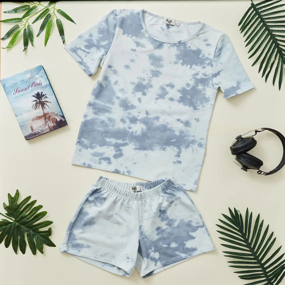 Women summer pajama set Light blue tie dye shirt + shorts
