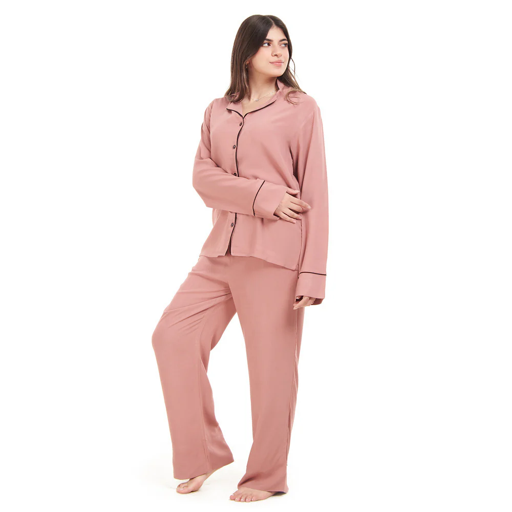 Women summer pajama set Cashmere buttoned shirt + Pants - Image 3