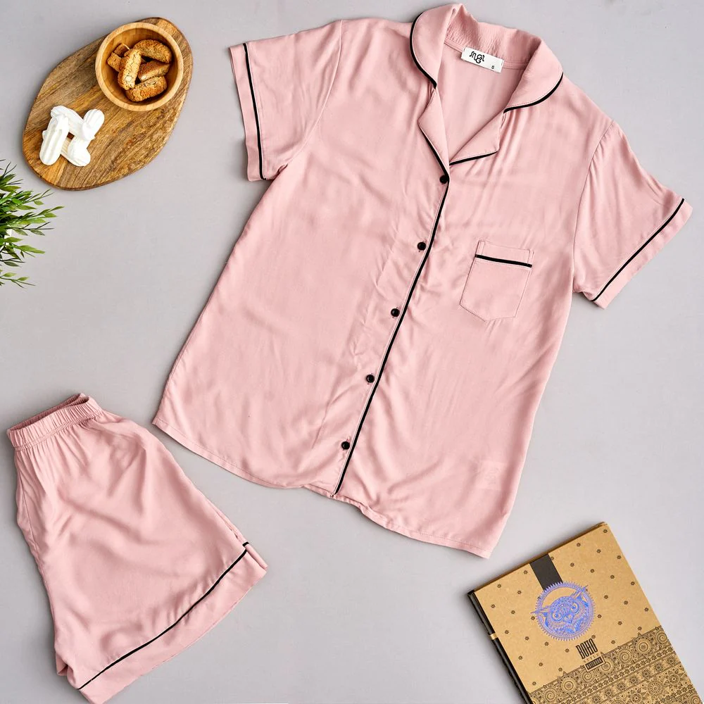 Women summer pajama set Cashmere buttoned shirt + shorts - Image 2