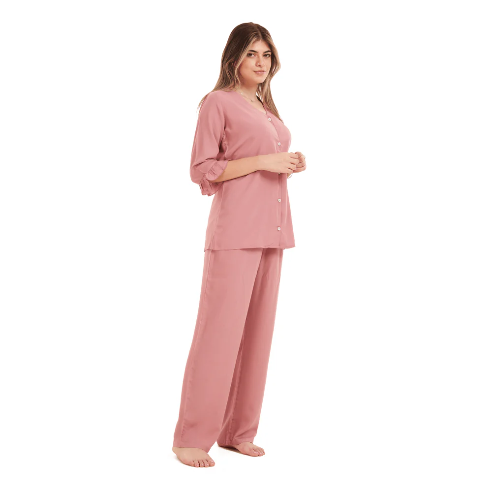 Women summer pajama set Cashmere Buttoned Shirt with Ruffled Sleeves shirt + Pants - Image 2
