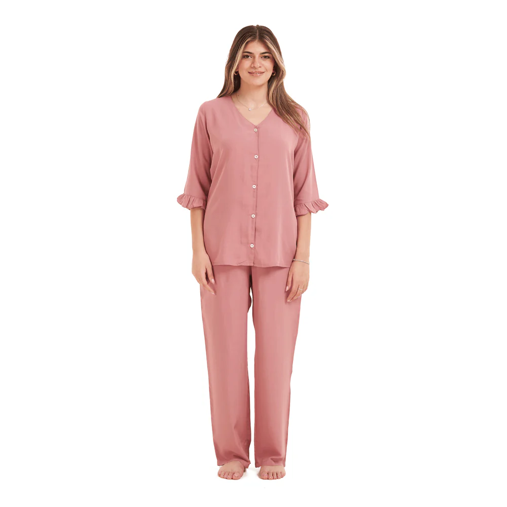 Women summer pajama set Cashmere Buttoned Shirt with Ruffled Sleeves shirt + Pants - Image 3