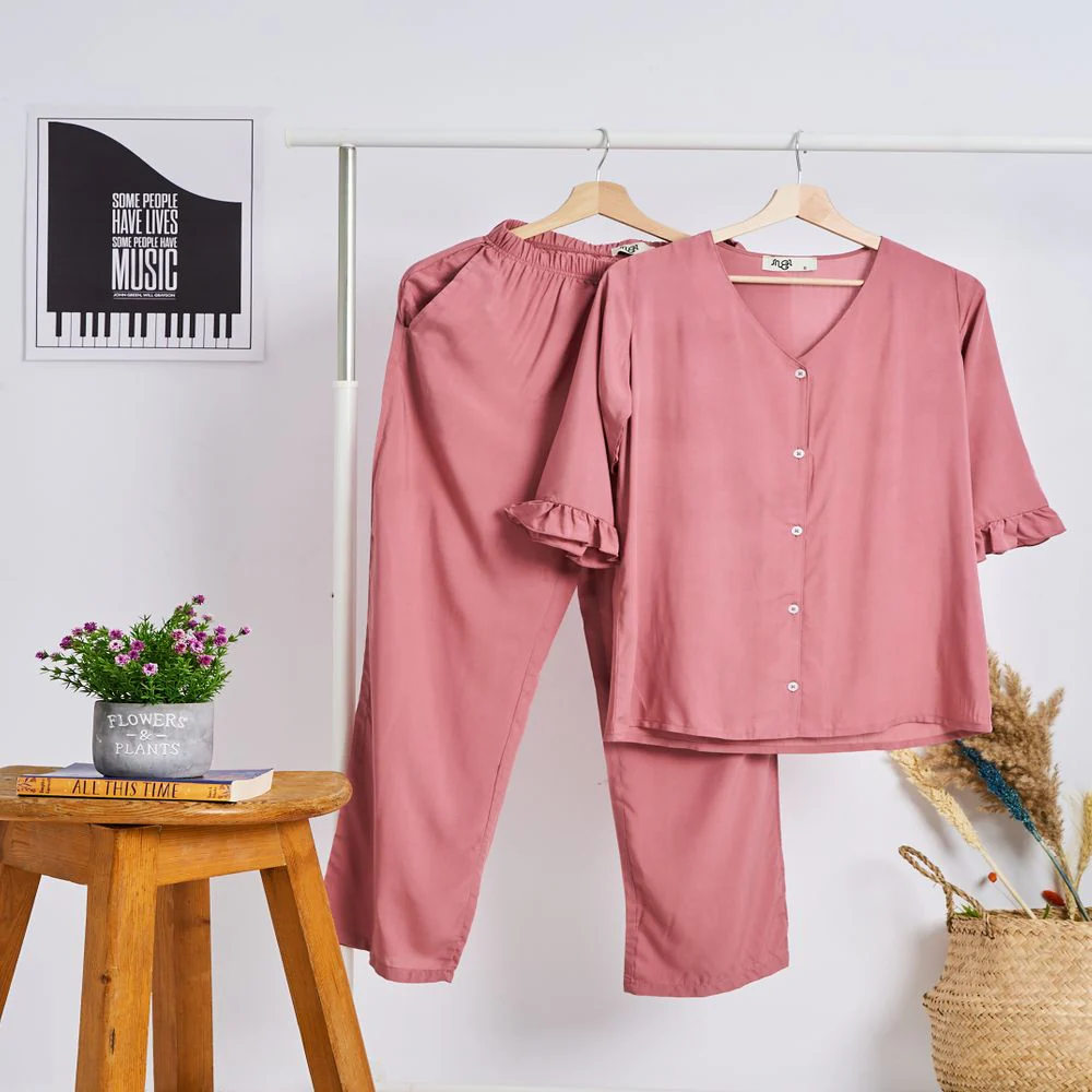 Women summer pajama set Cashmere Buttoned Shirt with Ruffled Sleeves shirt + Pants - Image 5
