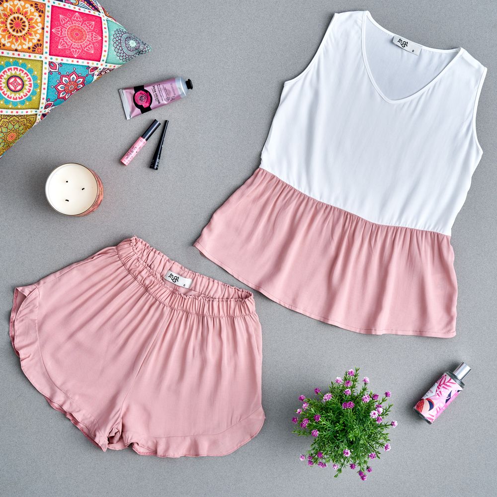 Women summer pajama set Cashmere ruffles top + Ruffles shorts