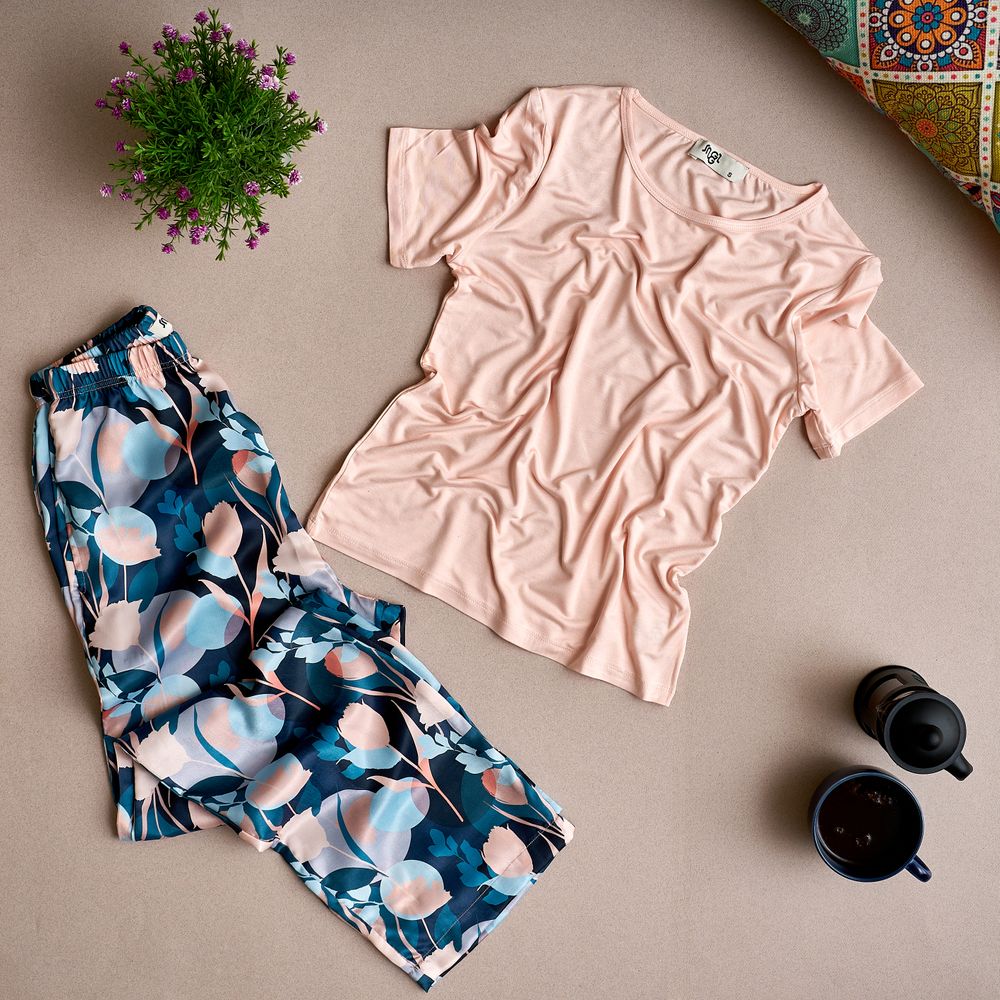 Women summer pajama set Cashmere top +Colorful flowered Pants