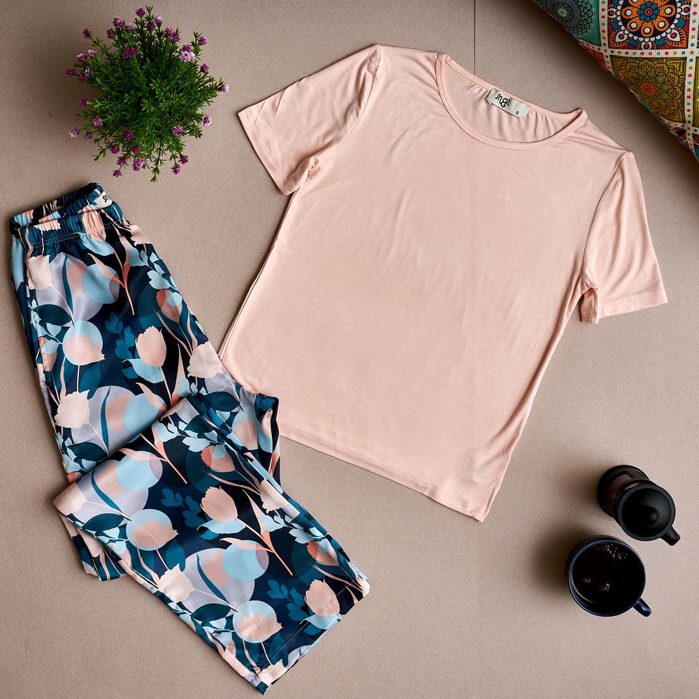 Women summer pajama set Cashmere top +Colorful flowered Pants - Image 2