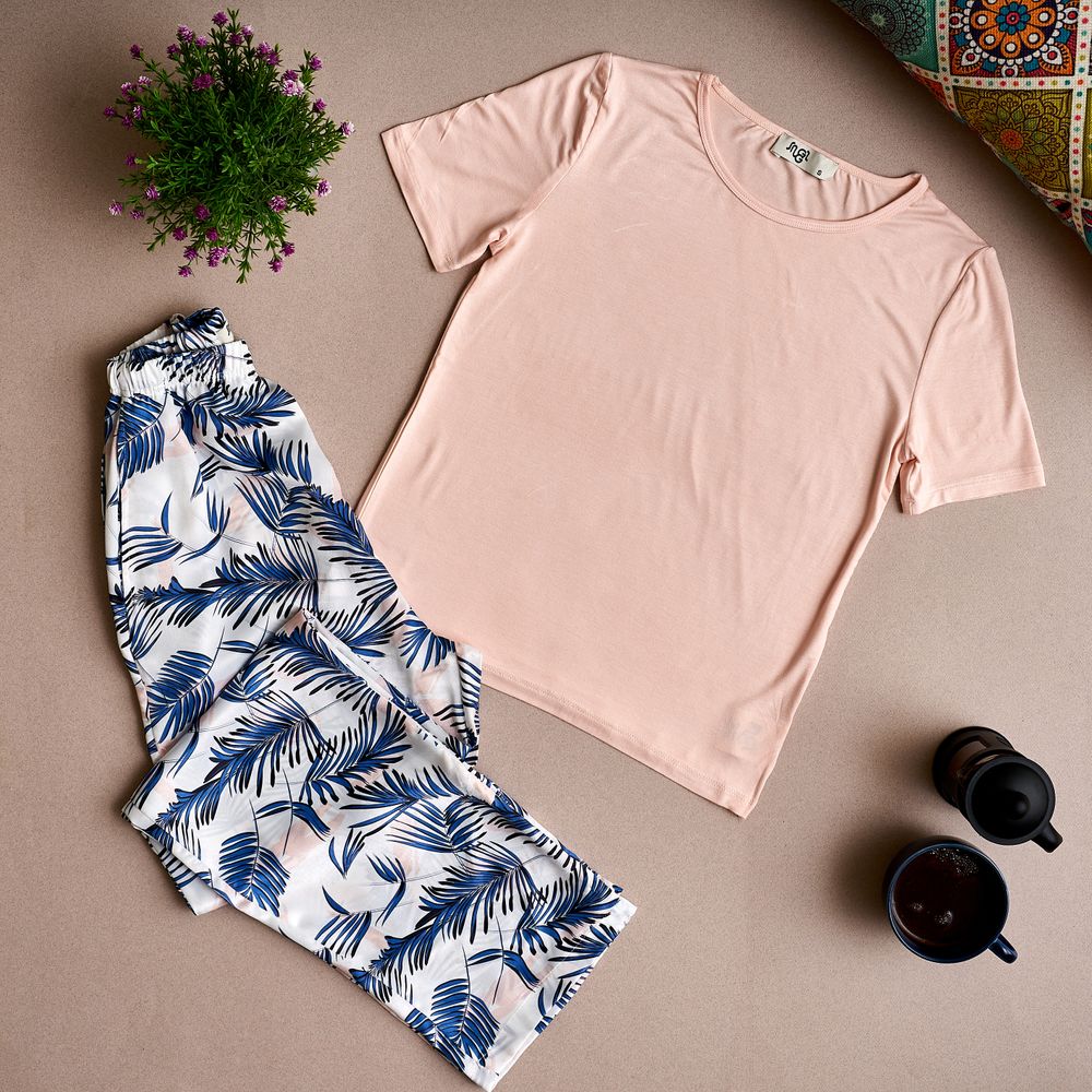 Women summer pajama set Cashmere top +White x Blue leaves Pants - Image 2