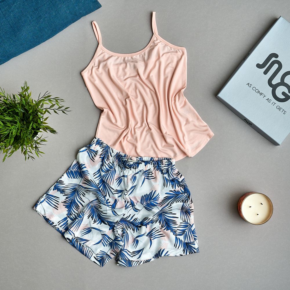 Women summer pajama set Cashmere top +White x Blue leaves shorts