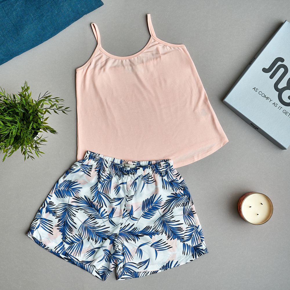 Women summer pajama set Cashmere top +White x Blue leaves shorts - Image 2