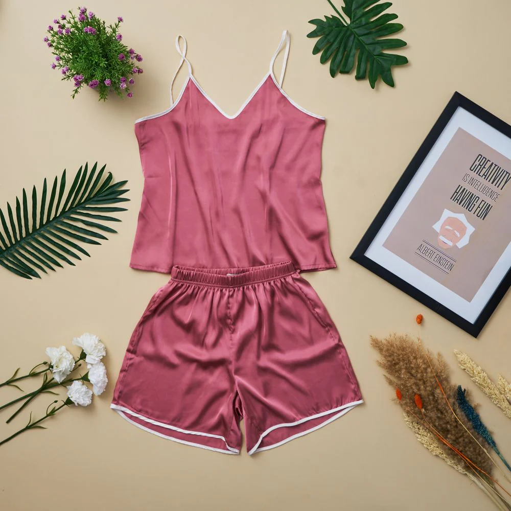 Women summer pajama set Cashmere top with off white straps + shorts