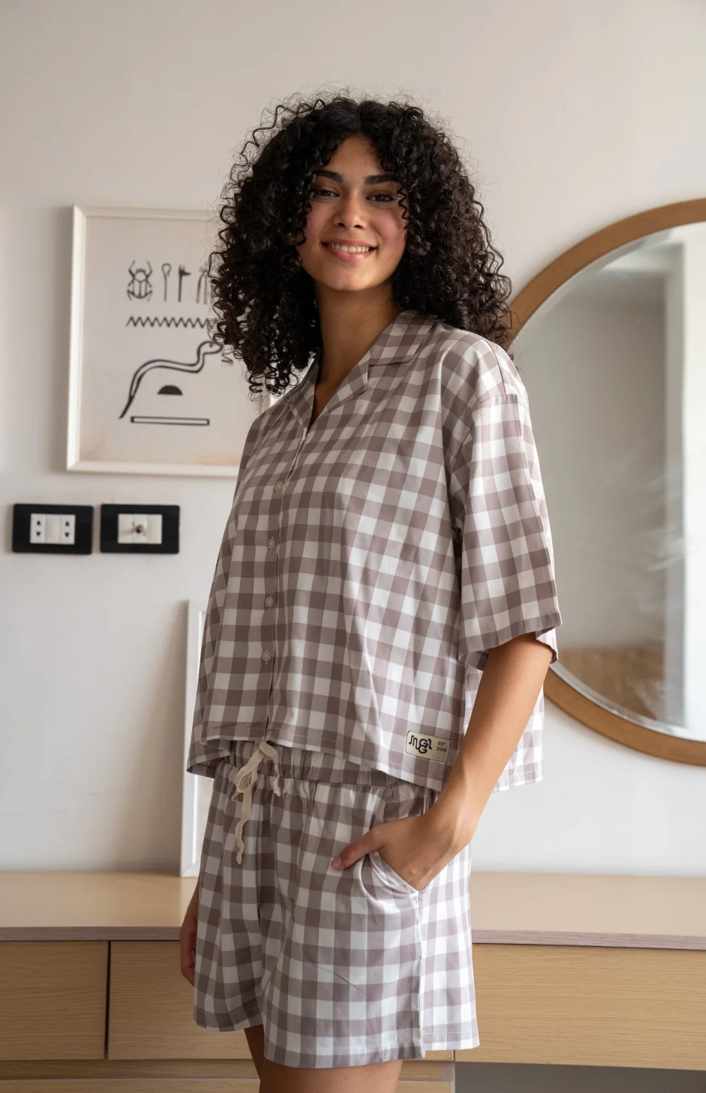 Women Summer Pajama Set Choco Checkered Buttoned Shirt + Shorts - Image 2