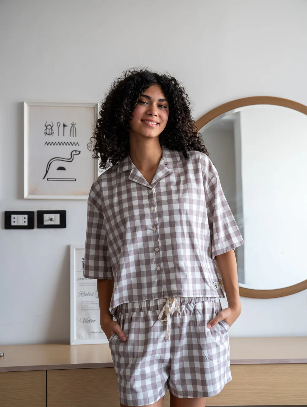 Women Summer Pajama Set Choco Checkered Buttoned Shirt + Shorts - Image 3